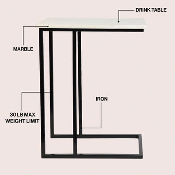 Caius 24.25" Designer Industrial Metal C-Shaped End Table and Side Couch Table with White Marble Top